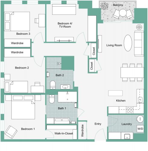 4 Bedroom 2 Bathroom Apartment Plan