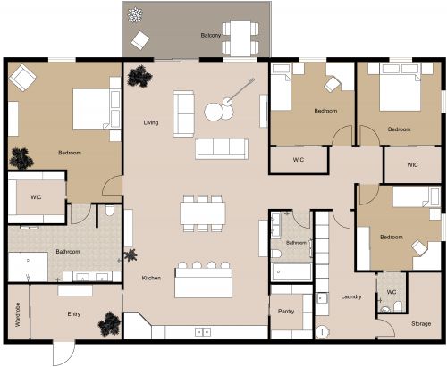 4 Bedroom Apartment Plan with Balcony