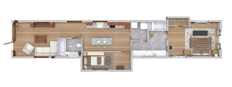 2 bedroom shotgun 3D house plan
