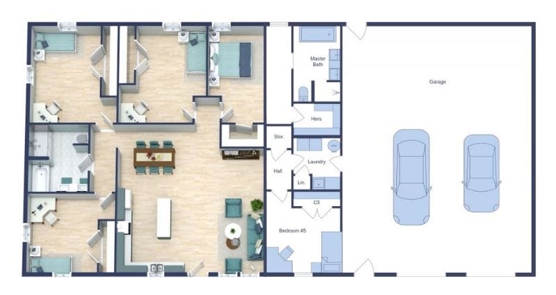 3D and 2D Barndominium Floor Plan side by side