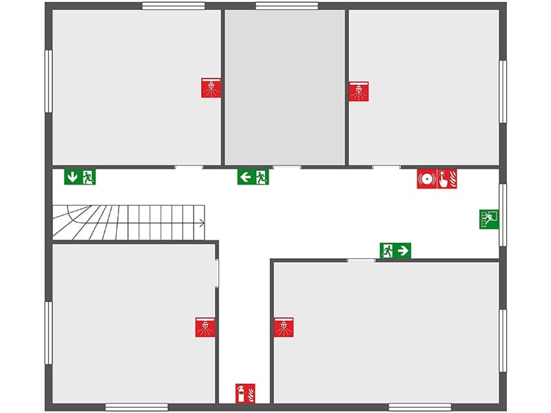 2D fire evacuation plan in grayscale