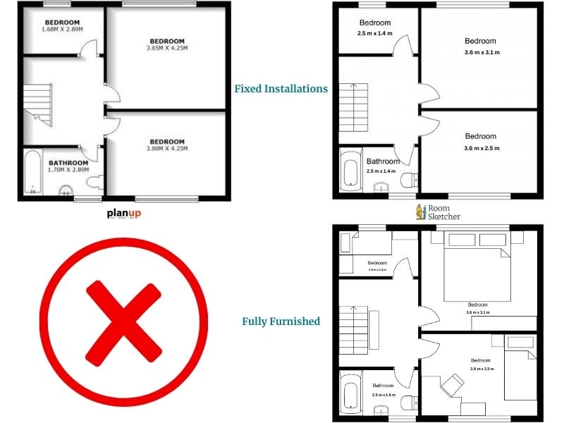 2D floor plans fully furnished vs. fixed installations