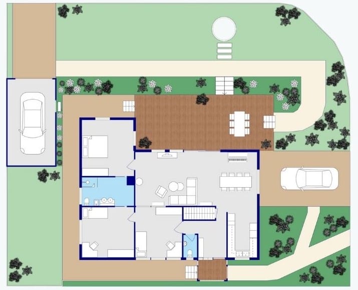 2D site plan showing a property layout with two designated parking spaces, expansive green areas dotted with trees, and winding pathways connecting different sections of the landscape.