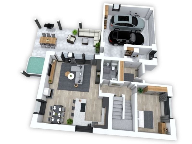 Isometric 3D floor plan featuring a modern layout with a two-car garage and a large outdoor area.