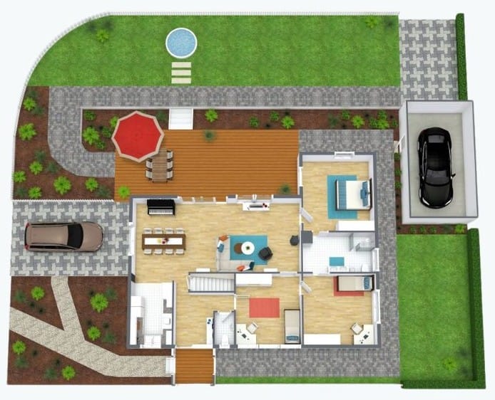3D site plan rendering showing a property layout with a modern garage, outdoor parking space, spacious terrace, and a central decorative fountain, viewed from an elevated perspective.