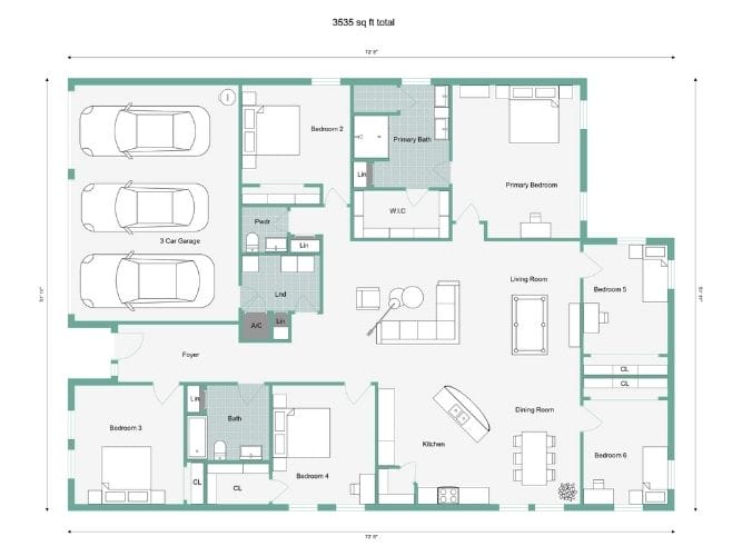 2D Floor Plan of a 6 bedroom Barndominium with measurements