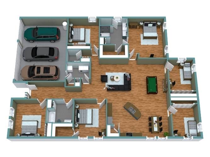 3D Floor Plan of a 6 bedroom Barndominium