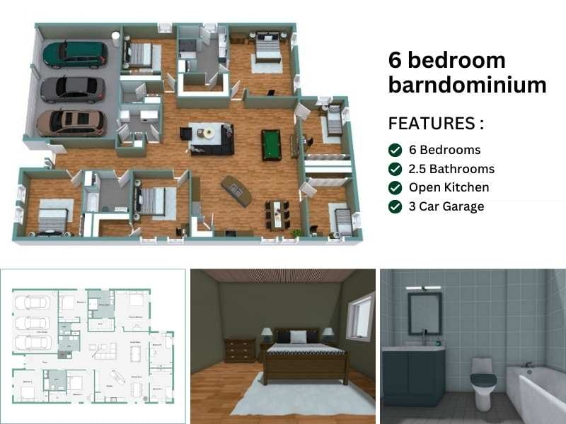 6 bedroom barndominium listing with floor plans and 3d photos