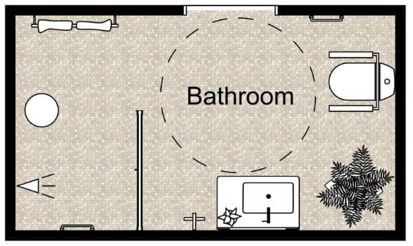 2D bathroom floor plan for accessibility.