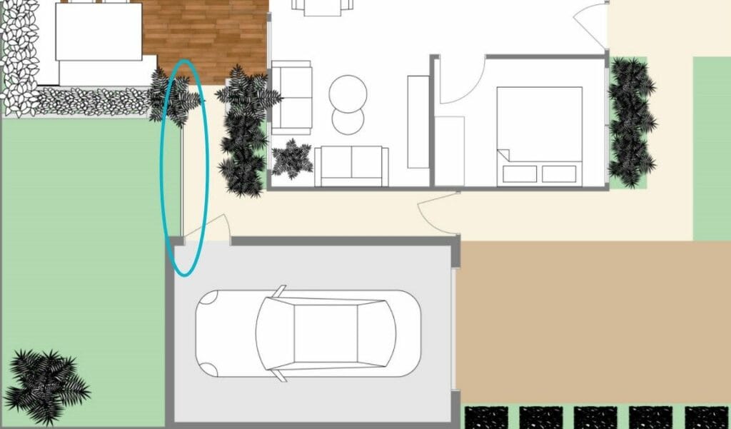 A circle highlighting what a fence or railing looks like on a site plan.