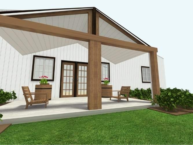 Barndominium exterior with wood beams