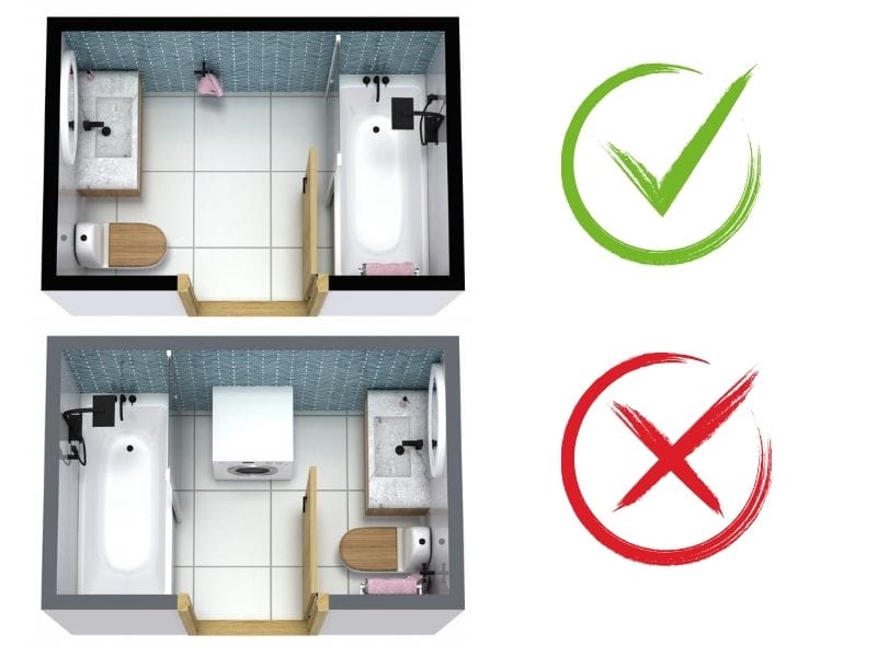 Bathroom layout do's and don'ts showing how to and how not to design a 3D bathroom floor plan.