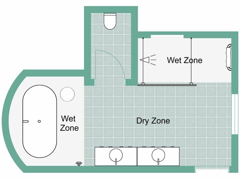 2D bathroom floor plan showing wet and dry zones.