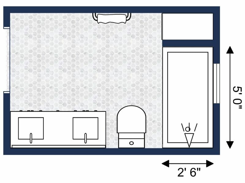 2D floor plan standard bathtub dimensions.