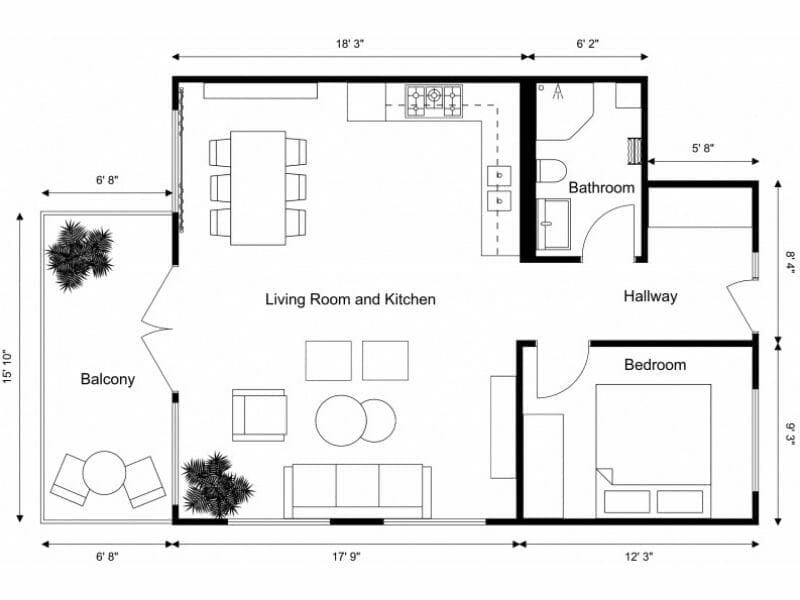 Black and white 2D apartment plan with measurements.