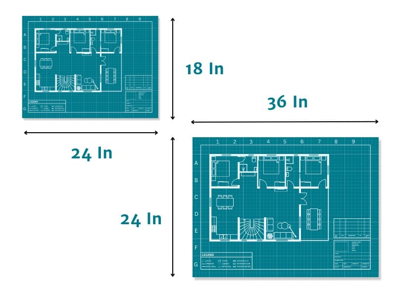 Blueprints in sizes 18x24 in and 24x36 in