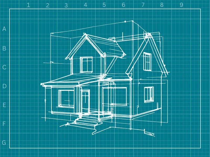 Sketch of a house on blueprint paper