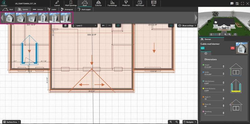 Cedreo interface with a house roof being designed.