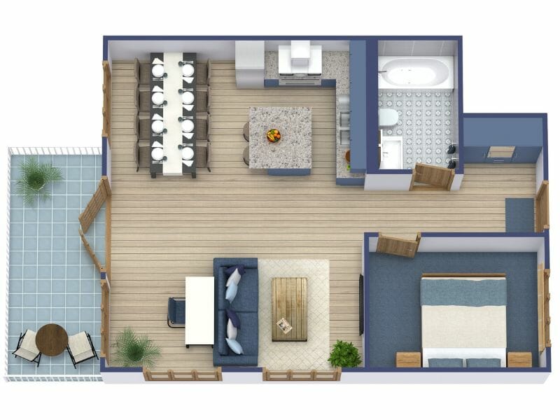colored 3d floor plan dark blue