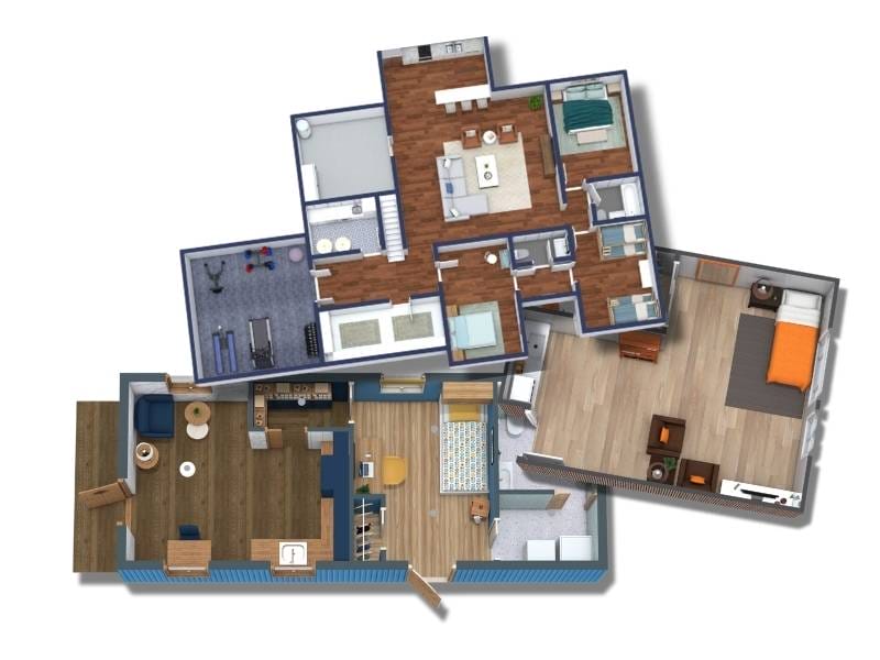 Three different colorful 3d floor plans stacked on top of each other