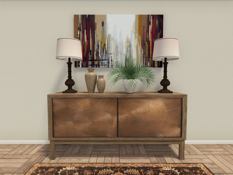 3D Photo of a sideboard with decorative items on top of it.