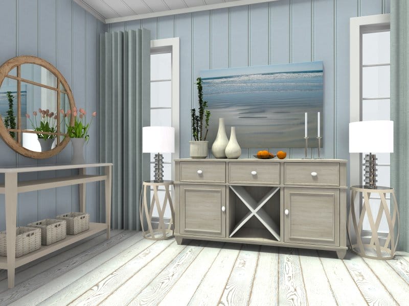 3D Photo of a sideboard in a blue and white decorated room.