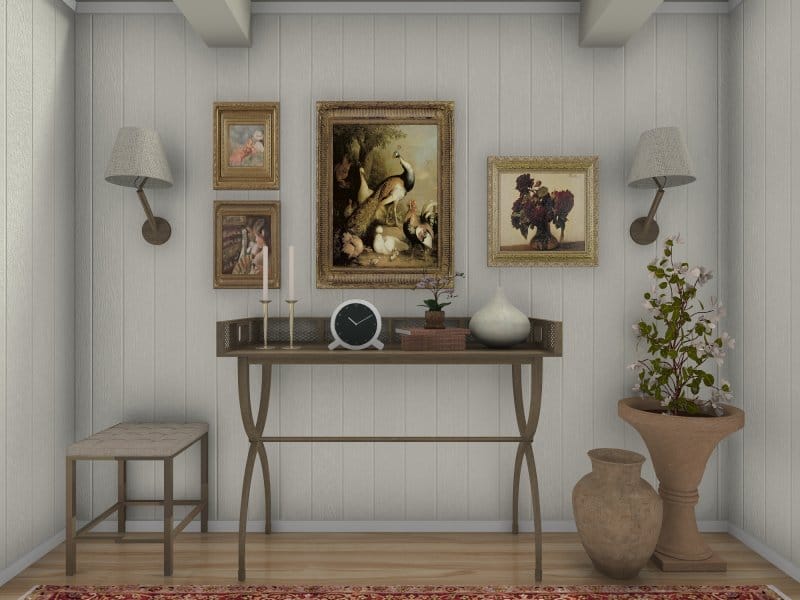 3D Photo of a console table with decorative items on top and around it.