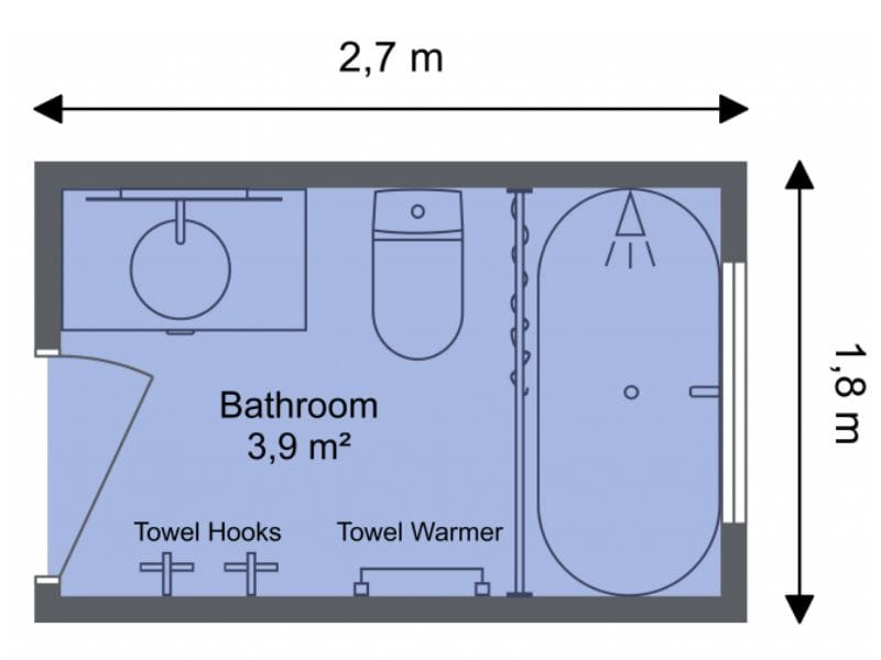 2D bathroom floorplan showing common layout dimensions.