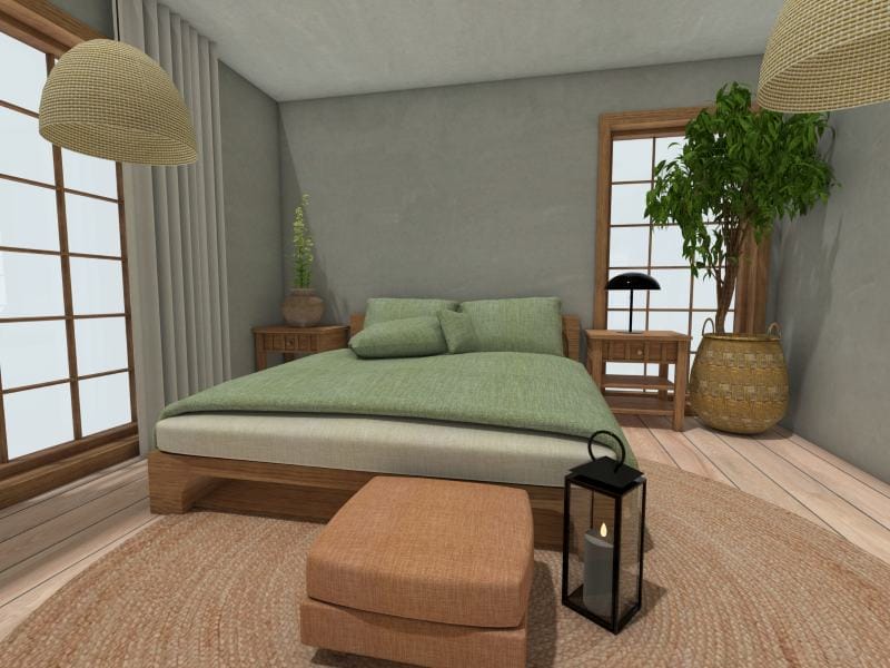3D rendering of a Scandinavian-style bedroom featuring grey walls and warm wood details.