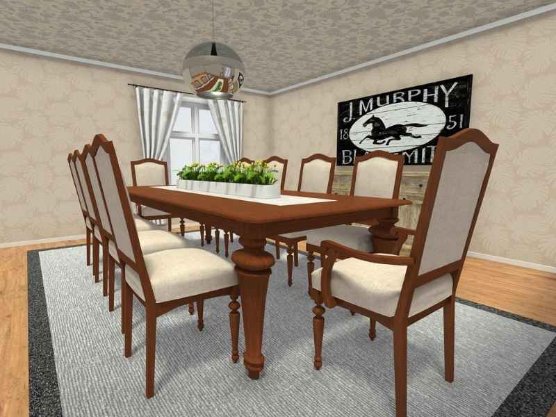 Brown dining table with white chairs