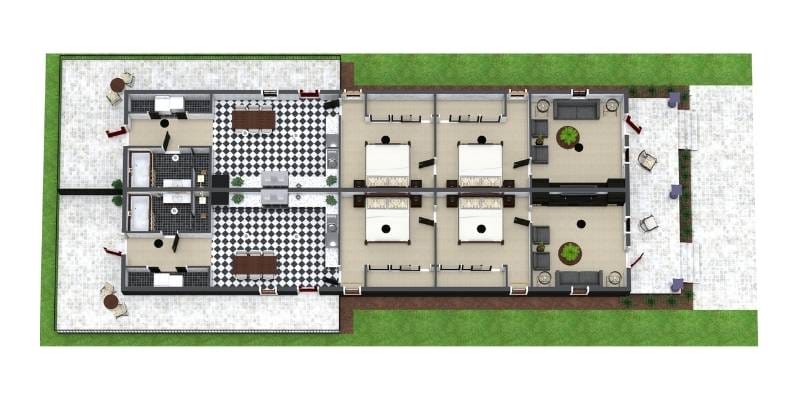 Double shotgun house 3D floor plan