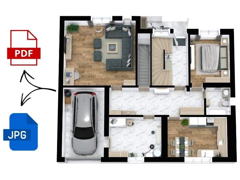 Floor plan with arrows pointing to PDF and JPG icons, indicating download options.