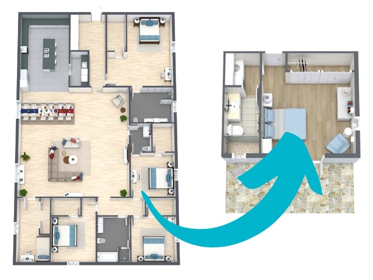 Arrow pointing from 5 bedroom housing to 1 bedroom - perfect for downsizing for seniors