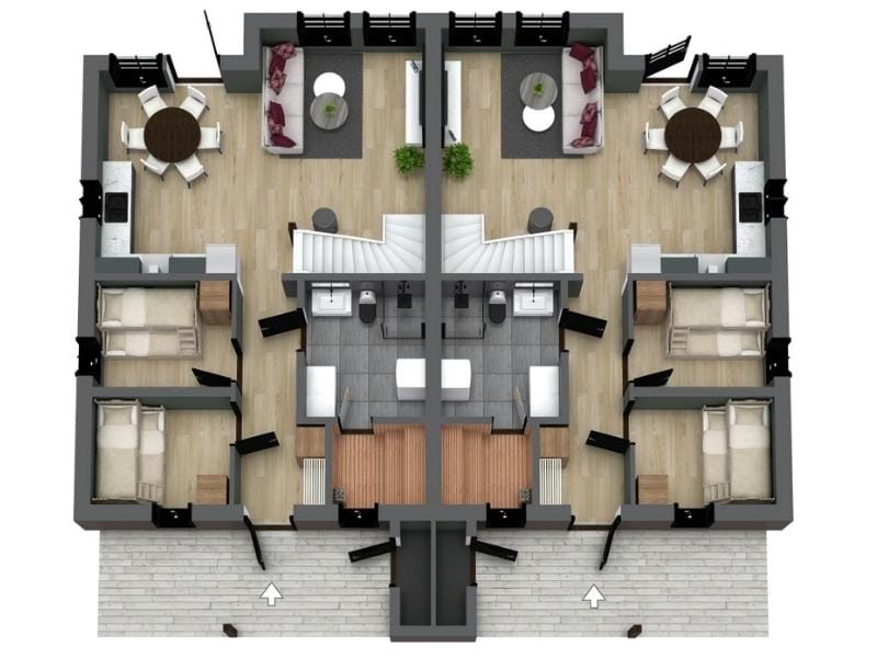 3D floor plan from RoomSketcher of a duplex house.