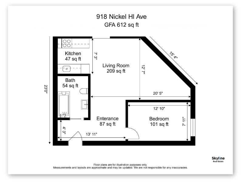 Letterhead with black and white floor plan, measurements and GFA