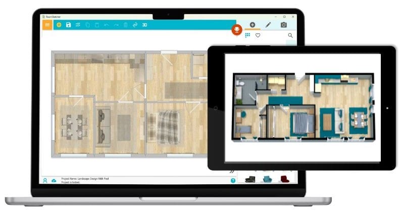 RoomSketcher software interface displayed on a laptop and tablet, demonstrating a  2D and 3D floor plan.
