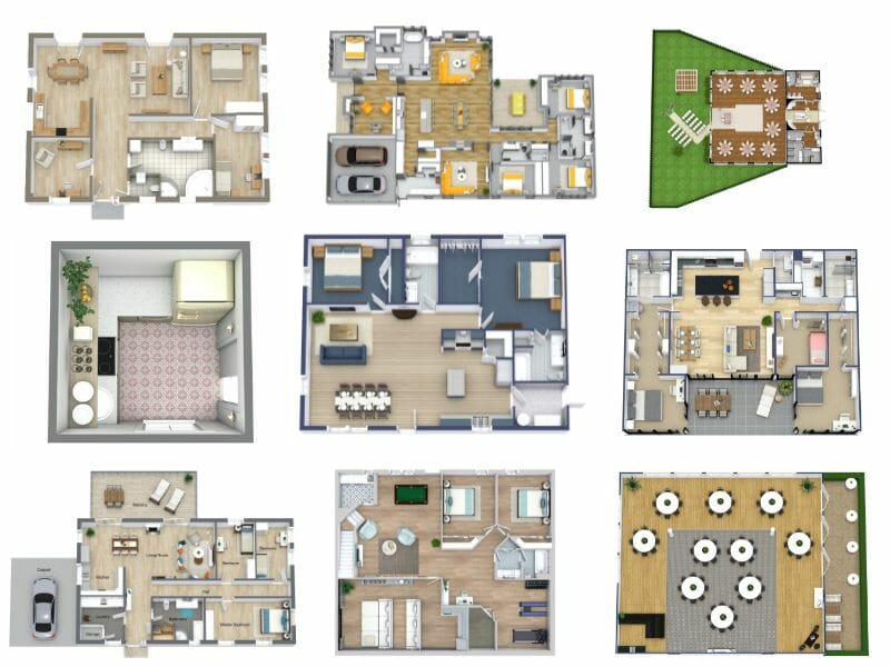 Image showing nine different floor plans, including layouts for a house, outdoor area, kitchen, and event spaces.