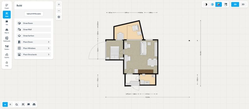 Floorplanner interface displaying an apartment floor plan being created, with visible measurement lines and dimensions shown on the layout.