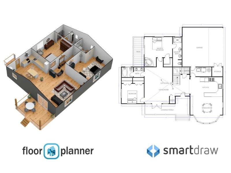 A 3D floor plan from Floorplanner next to a 2D floor plan from SmartDraw.