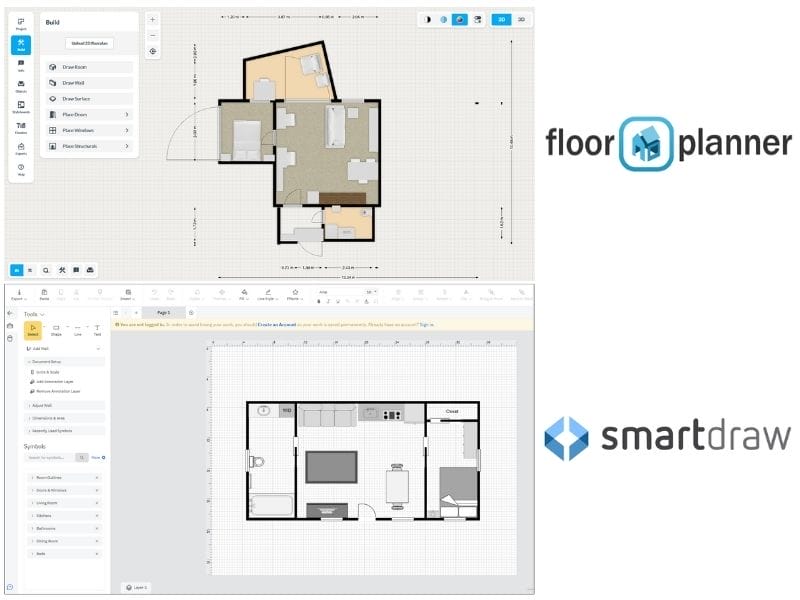 The interface of Floorplanner shown above the interface of SmartDraw.