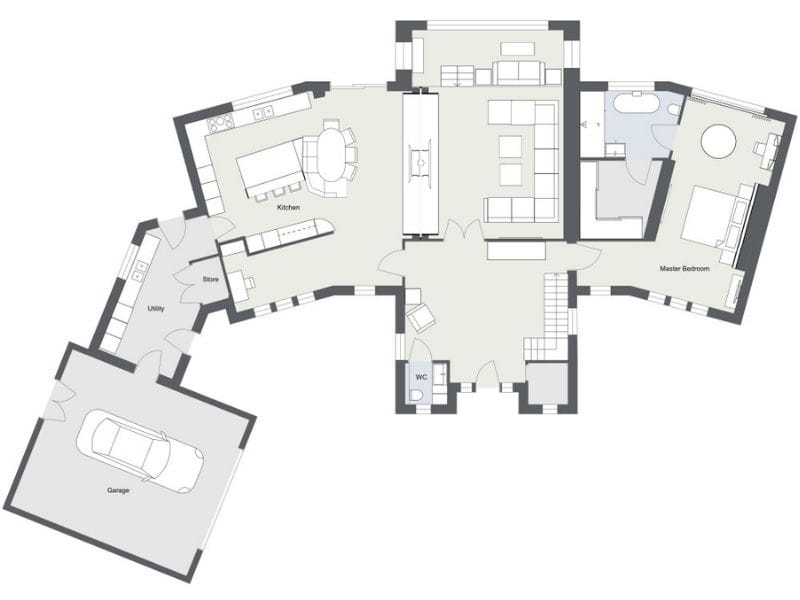 Floor plan of a four-bedroom house with a curved architectural design and a spacious garage.