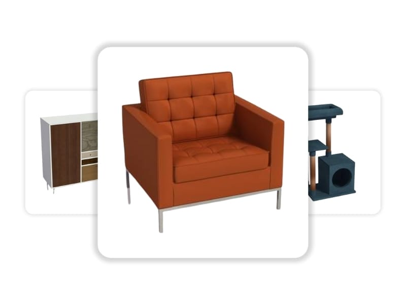 3D furniture renderings of an armchair, a cabinet, and a cat tree.
