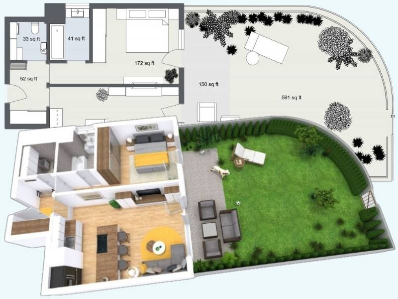 2D floor plan of an apartment with a large garden with a 3D generated model.