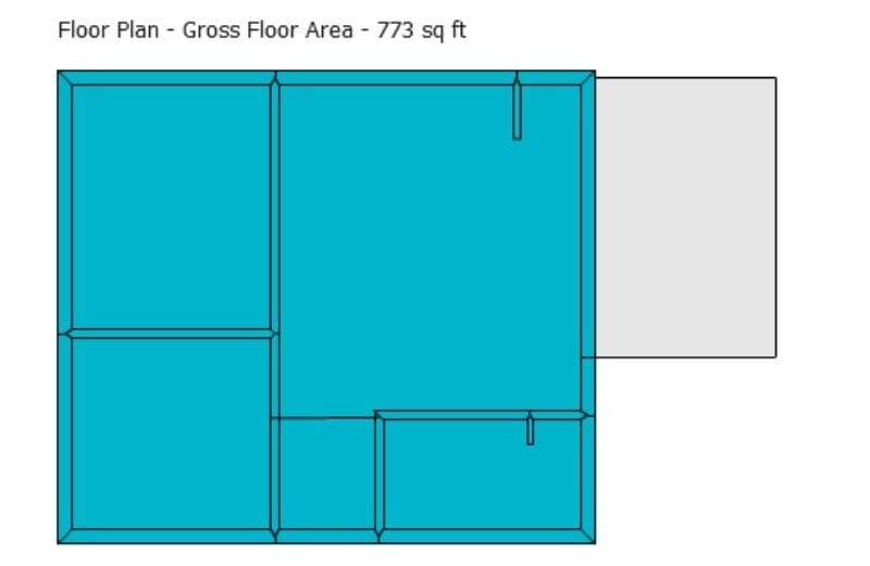 Floor plan indicating the total gross floor area measurement of 773 square feet, highlighted in blue for emphasis.