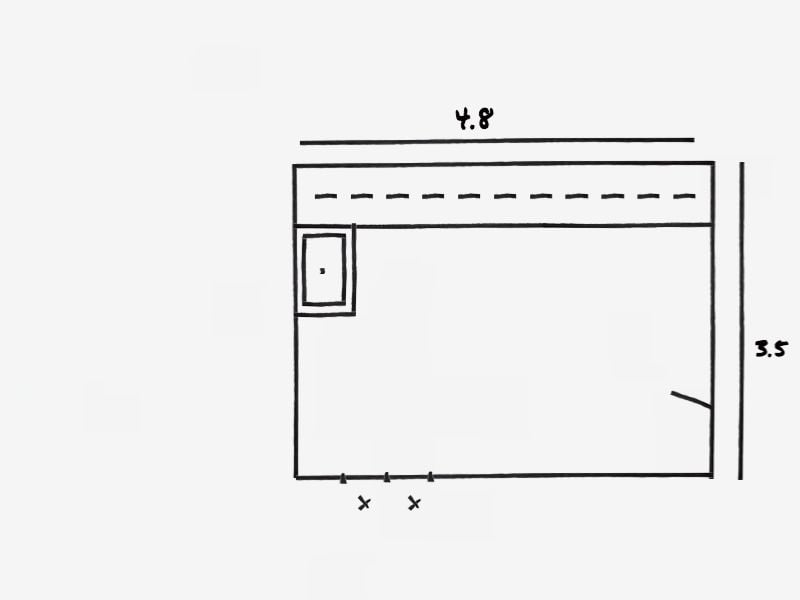Hand drawn floor plan with measurements, windows, doors and fixed installations