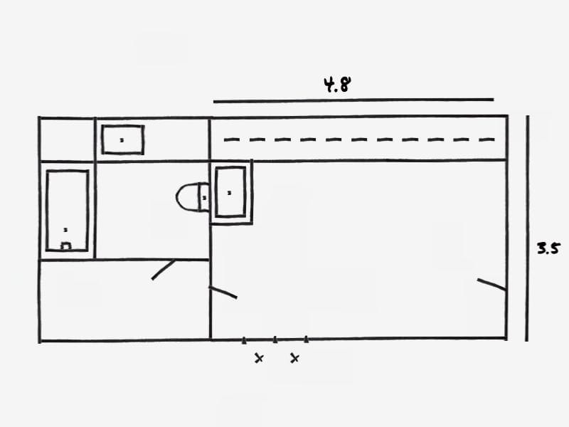 Completed hand drawn floor plan with bathroom and walk-in closet