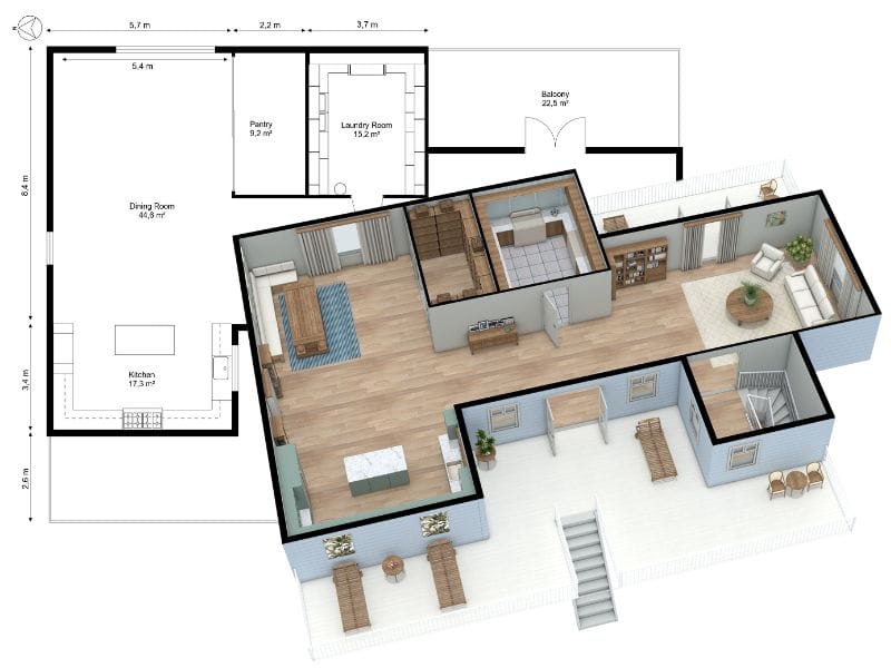 Side-by-side 2D and 3D floor plans of the upper level in a reverse floor plan home, featuring a large balcony.