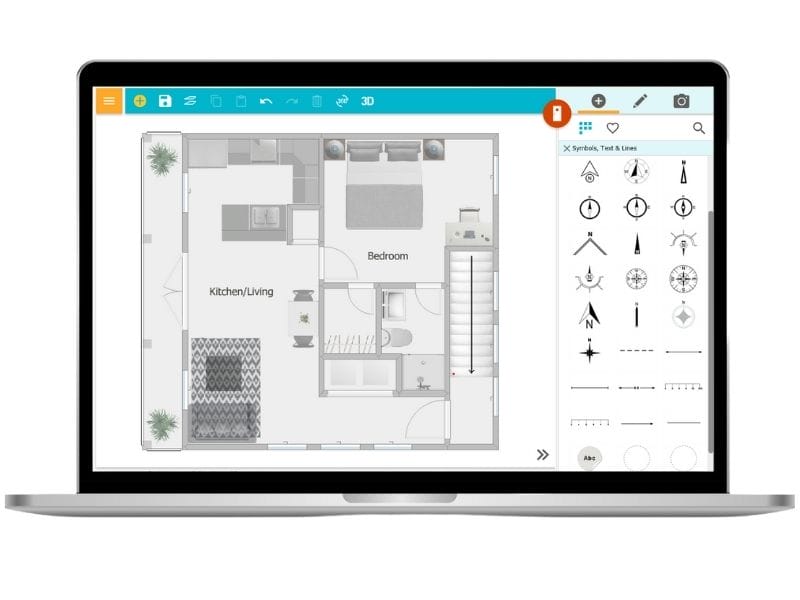 Lower level one-bedroom floor plan with balcony and L-shaped kitchen being designed in RoomSketcher software, displayed on a laptop screen with editing tools visible.