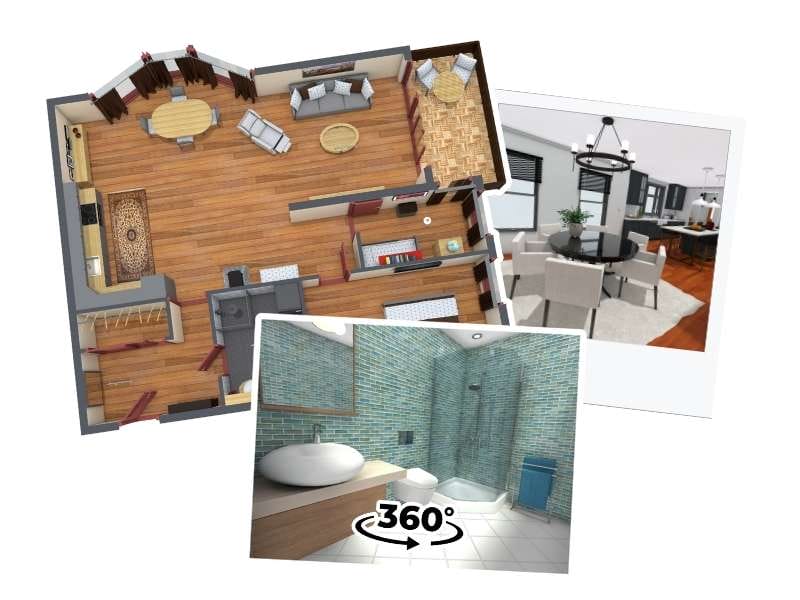 3D floor plan of an apartment accompanied by a high-quality 3D photo and an interactive 360-degree view showcasing the layout and interior details.