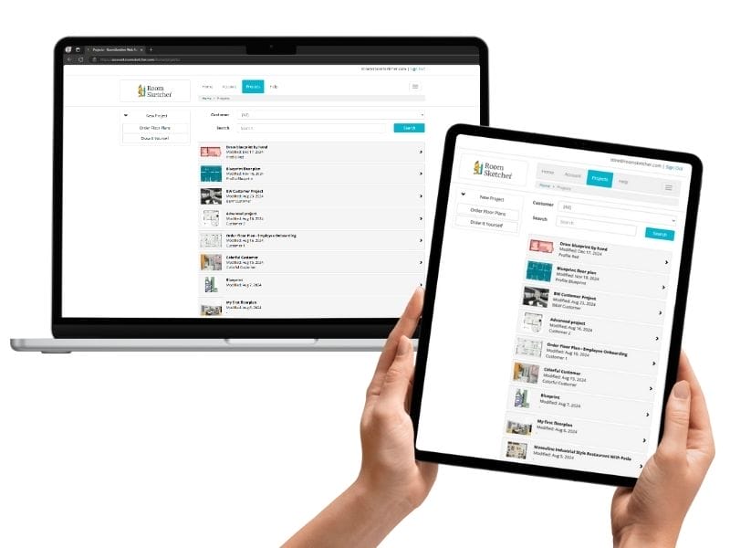 RoomSketcher web account interface displayed on both a laptop and an iPad side by side.